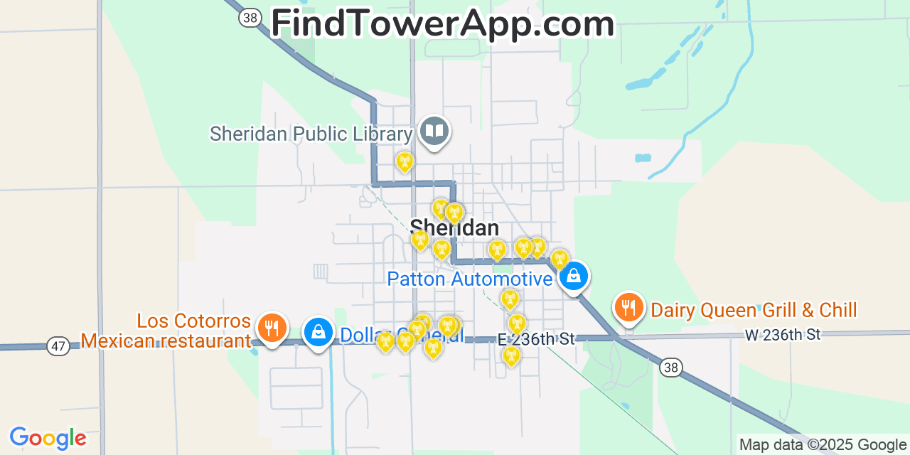 Map showing the 20 primary cell tower locations detected in Sheridan, Indiana from AT&T, Verizon, and T-Mobile networks