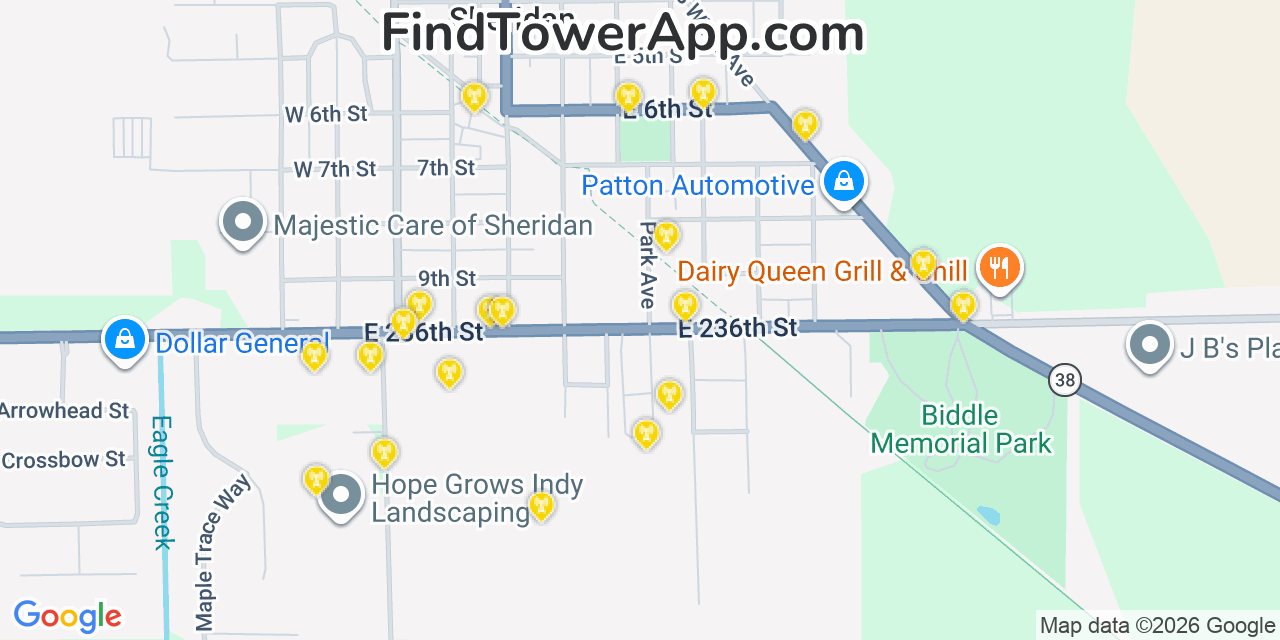 Map showing the 20 primary cell tower locations detected in Sheridan, Indiana from AT&T, Verizon, and T-Mobile networks