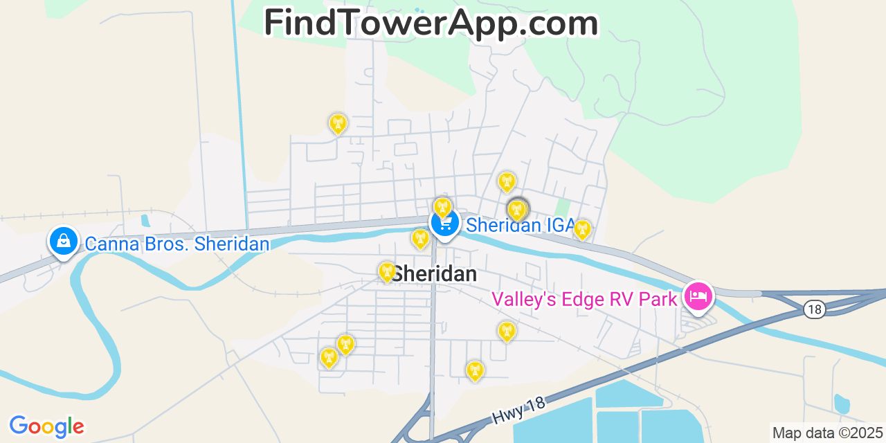 Map showing the 20 primary cell tower locations detected in Sheridan, Oregon from AT&T, Verizon, and T-Mobile networks