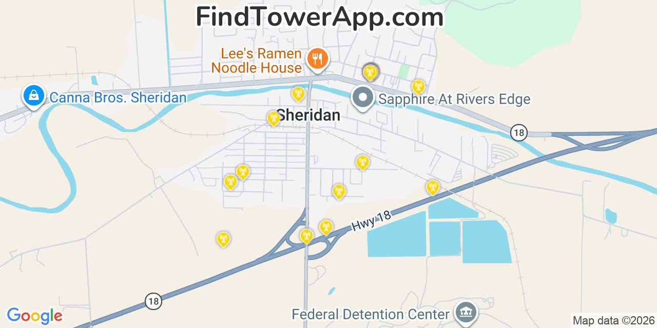 Map showing the 20 primary cell tower locations detected in Sheridan, Oregon from AT&T, Verizon, and T-Mobile networks