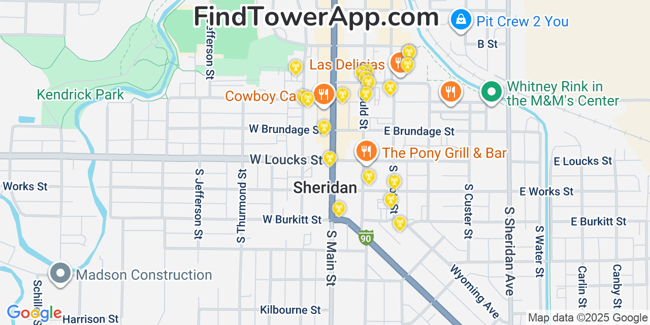 Map showing the 20 primary cell tower locations detected in Sheridan, Wyoming from AT&T, Verizon, and T-Mobile networks