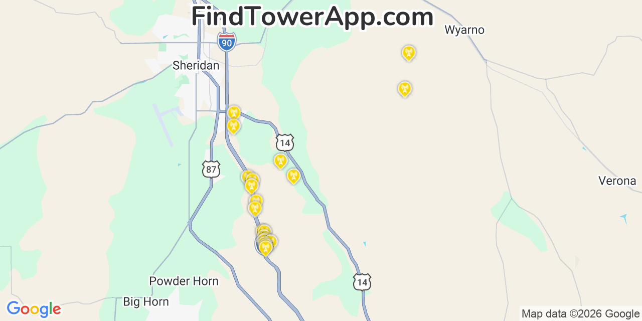 Map showing the 20 primary cell tower locations detected in Sheridan, Wyoming from AT&T, Verizon, and T-Mobile networks