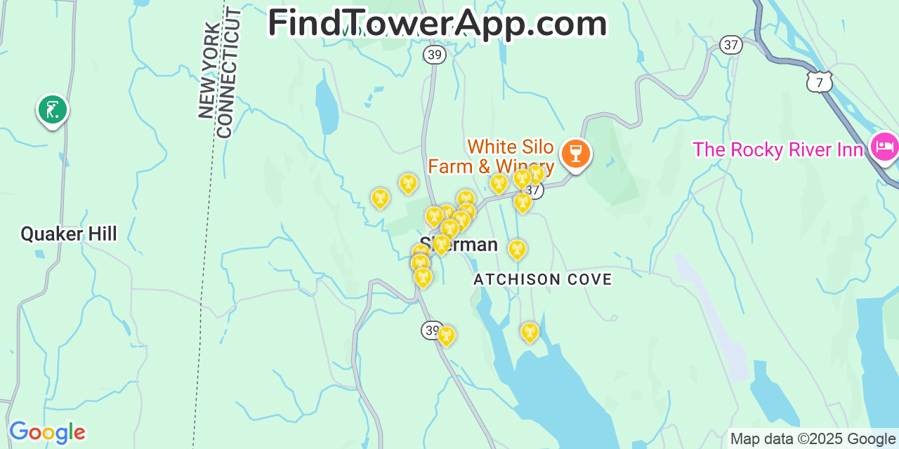 Map showing the 20 primary cell tower locations detected in Sherman, Connecticut from AT&T, Verizon, and T-Mobile networks