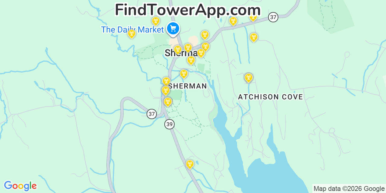 Map showing the 20 primary cell tower locations detected in Sherman, Connecticut from AT&T, Verizon, and T-Mobile networks