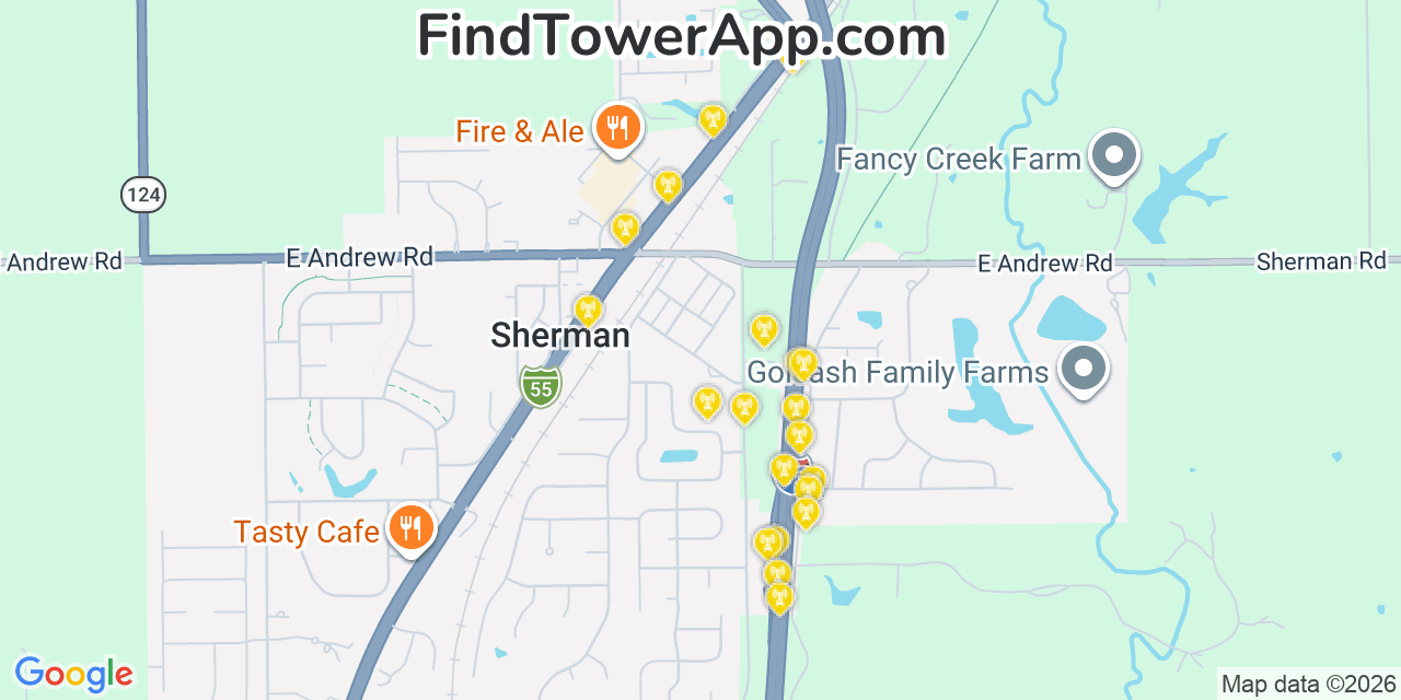 Map showing the 20 primary cell tower locations detected in Sherman, Illinois from AT&T, Verizon, and T-Mobile networks