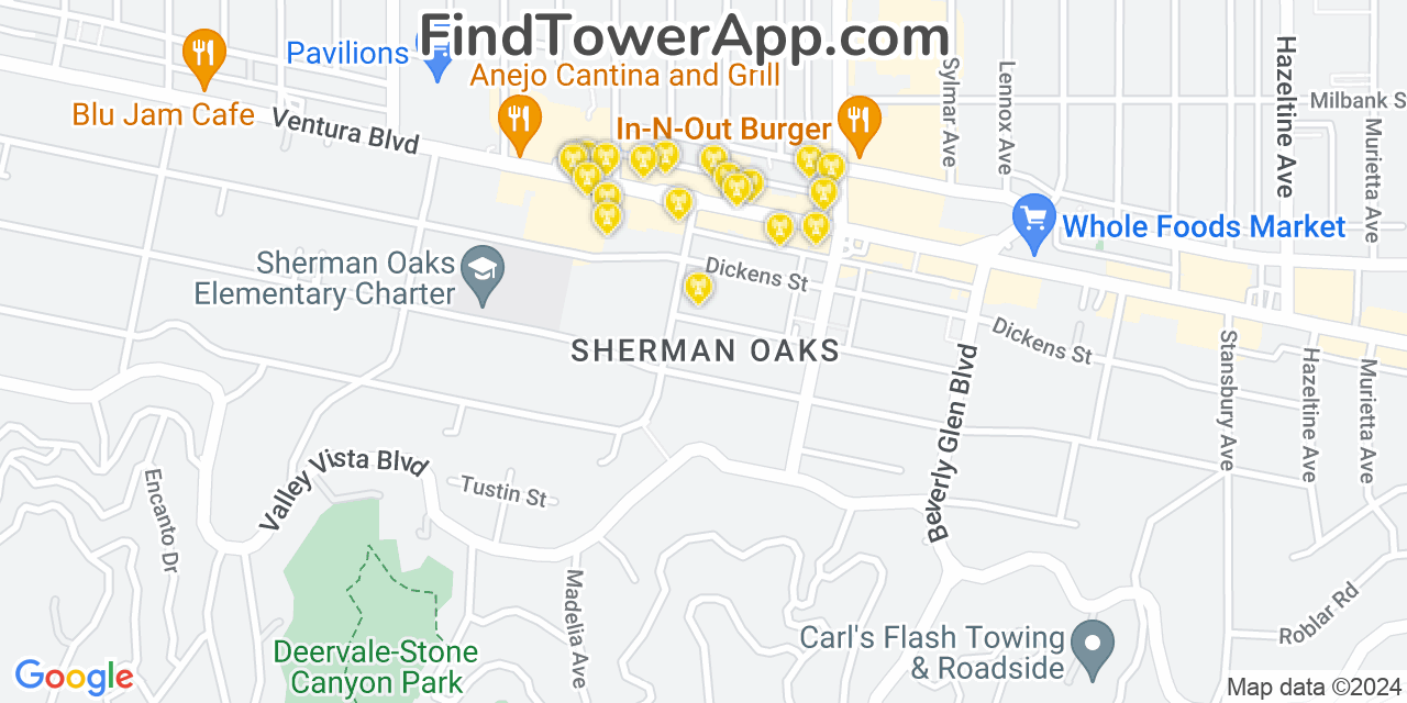 AT&T 4G/5G cell tower coverage map Sherman Oaks, California