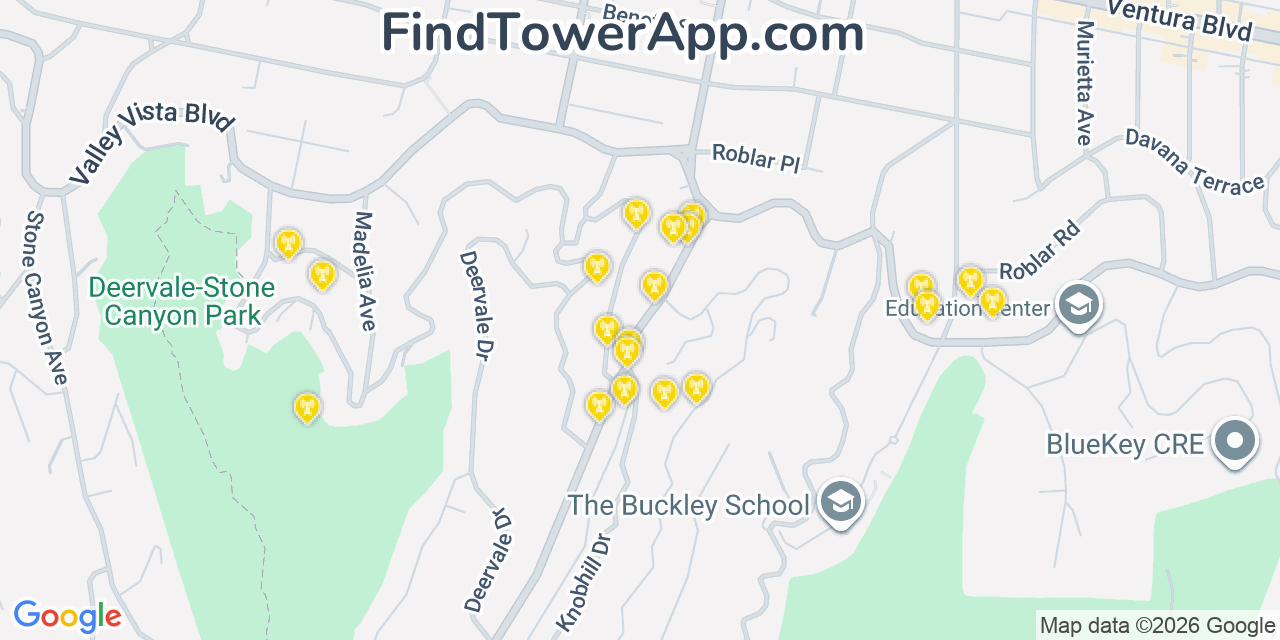 Map showing the 20 primary cell tower locations detected in Sherman Oaks, California from AT&T, Verizon, and T-Mobile networks