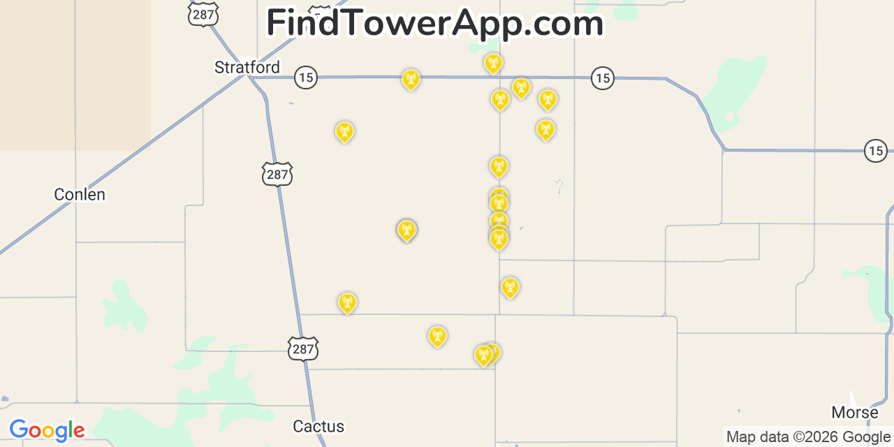 Map showing the 20 primary cell tower locations detected in Sherman, Texas from AT&T, Verizon, and T-Mobile networks