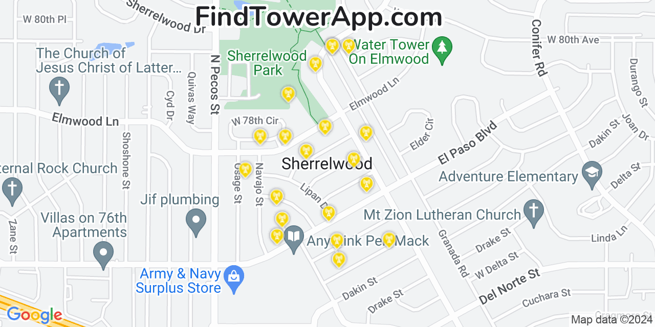 AT&T 4G/5G cell tower coverage map Sherrelwood, Colorado