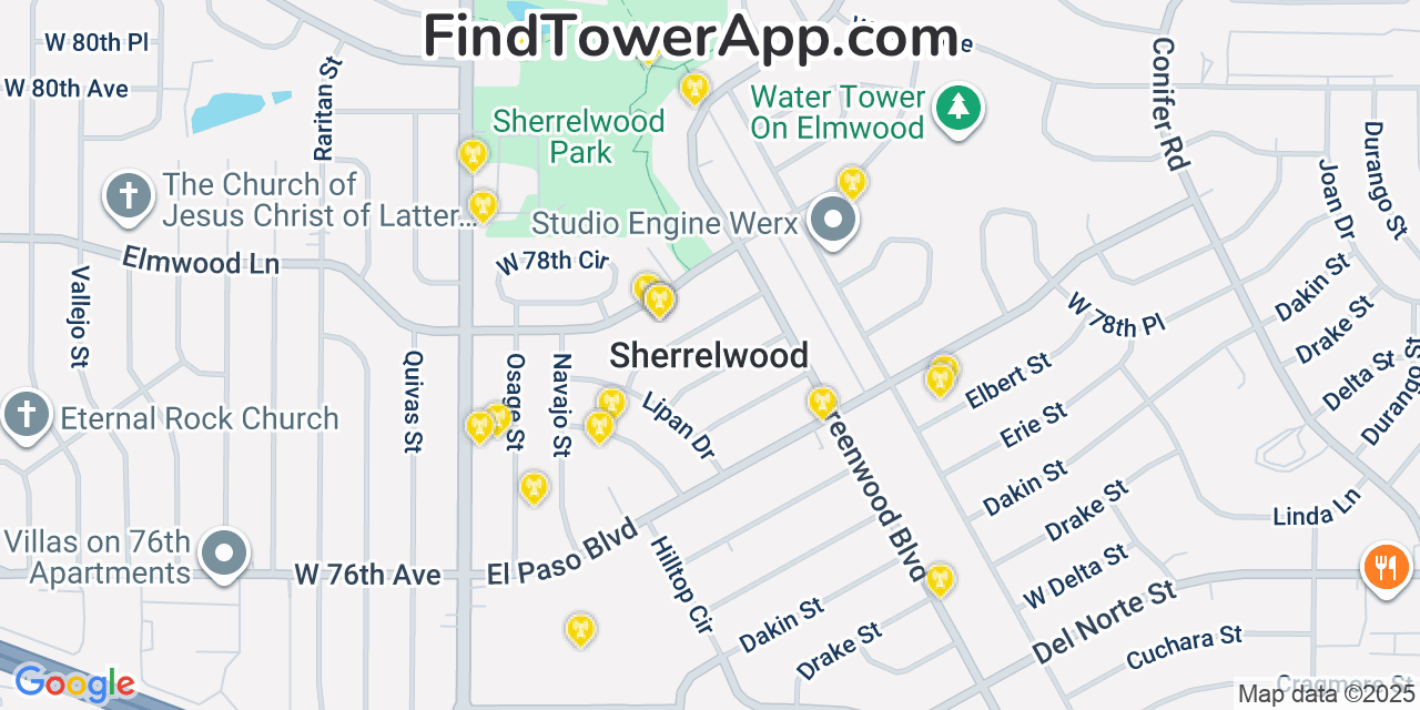 Map showing the 20 primary cell tower locations detected in Sherrelwood, Colorado from AT&T, Verizon, and T-Mobile networks