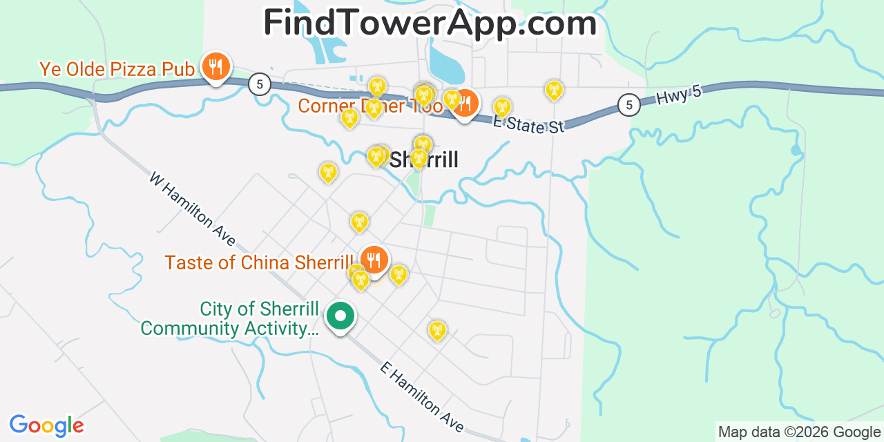 Map showing the 20 primary cell tower locations detected in Sherrill, New York from AT&T, Verizon, and T-Mobile networks