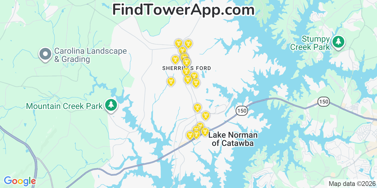 Map showing the 20 primary cell tower locations detected in Sherrills Ford, North Carolina from AT&T, Verizon, and T-Mobile networks