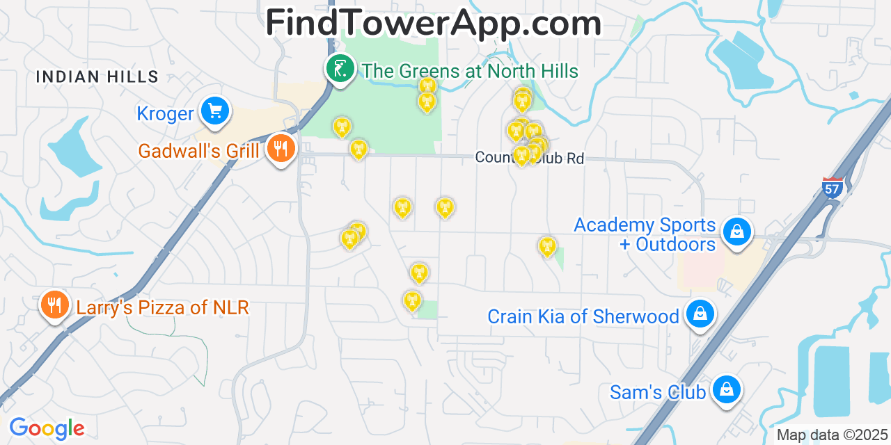 Map showing the 20 primary cell tower locations detected in Sherwood, Arkansas from AT&T, Verizon, and T-Mobile networks