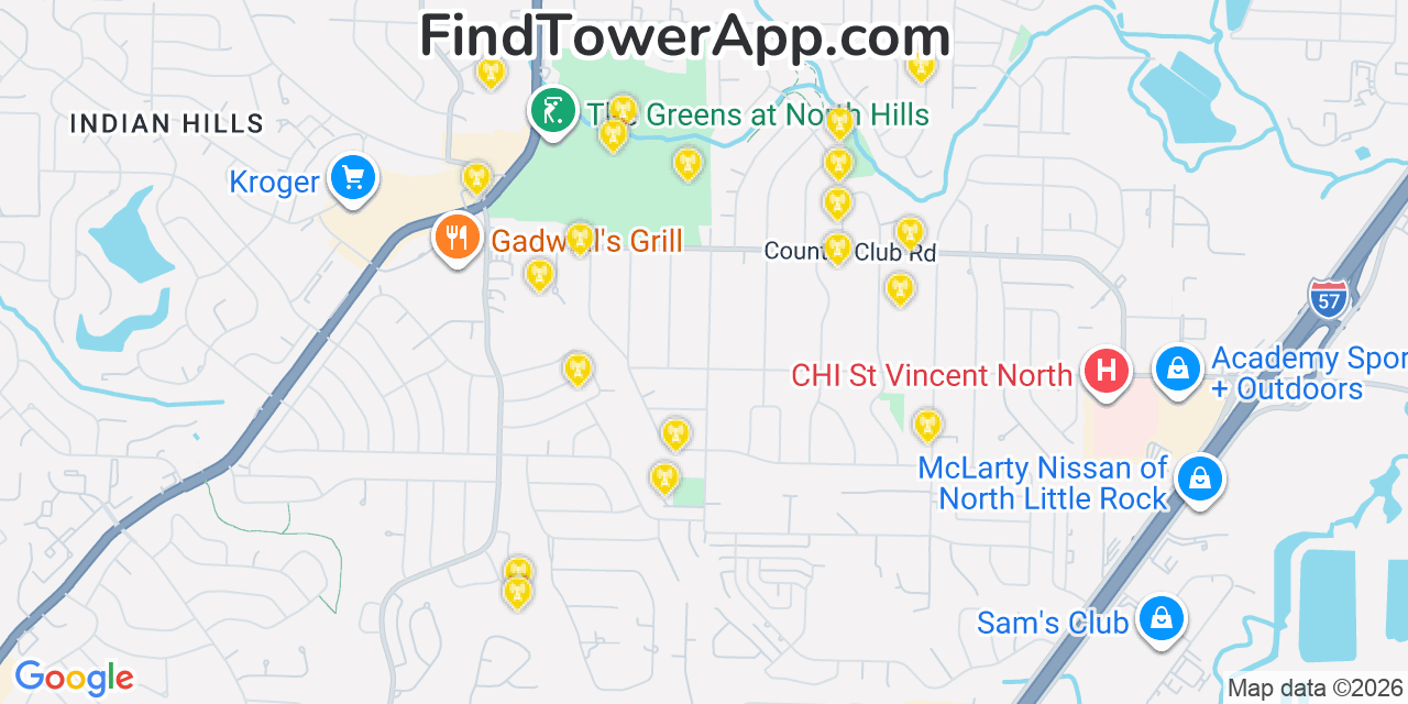 Map showing the 20 primary cell tower locations detected in Sherwood, Arkansas from AT&T, Verizon, and T-Mobile networks