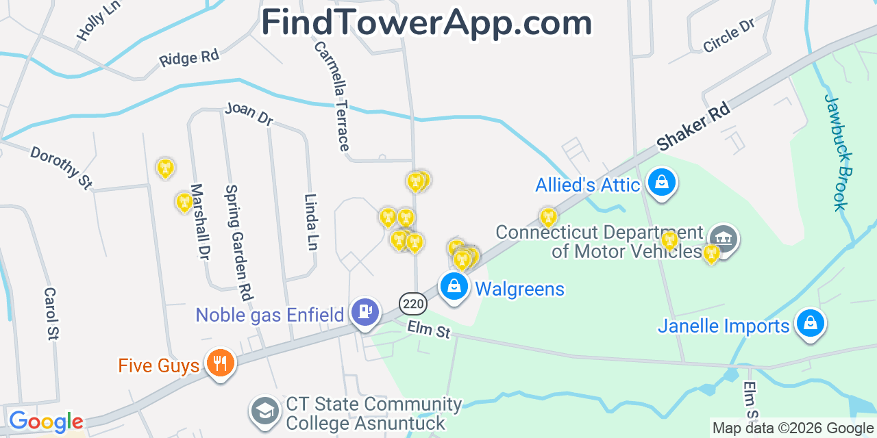 Map showing the 20 primary cell tower locations detected in Sherwood Manor, Connecticut from AT&T, Verizon, and T-Mobile networks
