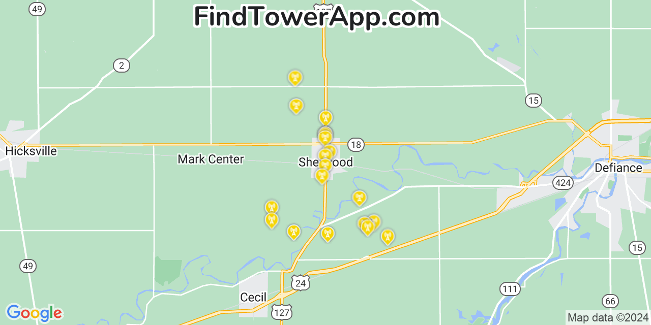 AT&T 4G/5G cell tower coverage map Sherwood, Ohio