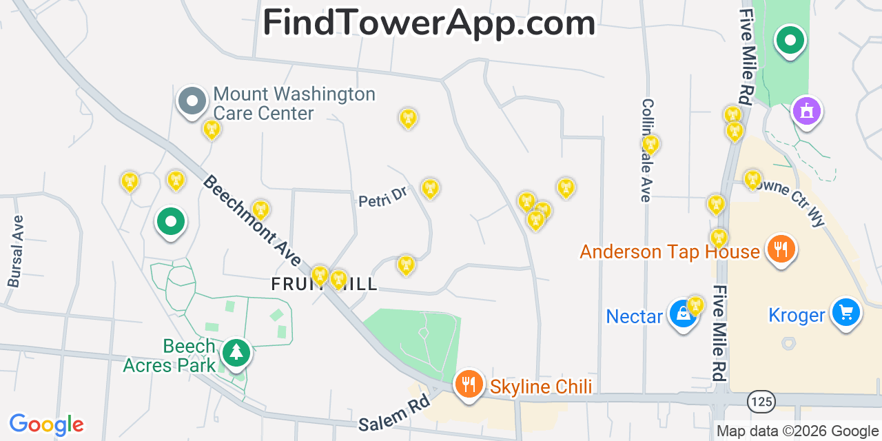 Map showing the 20 primary cell tower locations detected in Sherwood, Ohio from AT&T, Verizon, and T-Mobile networks