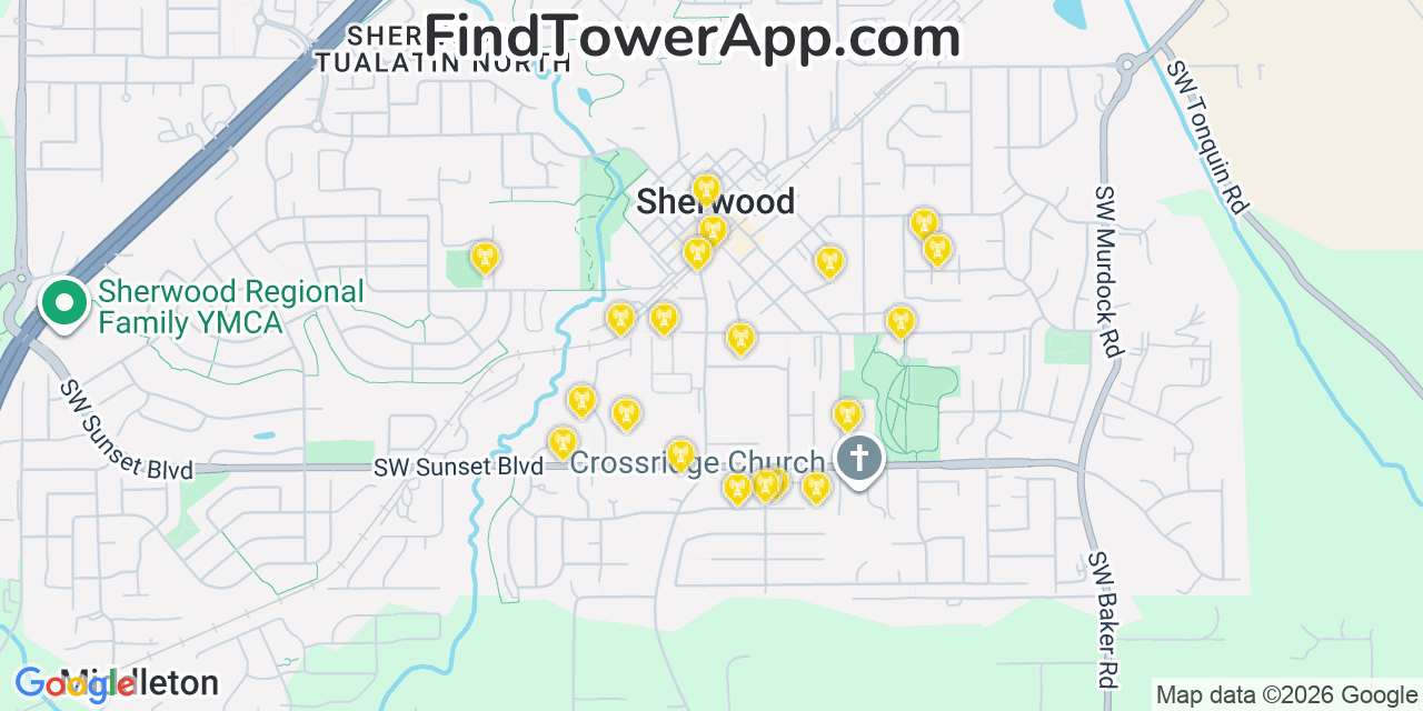 Map showing the 20 primary cell tower locations detected in Sherwood, Oregon from AT&T, Verizon, and T-Mobile networks