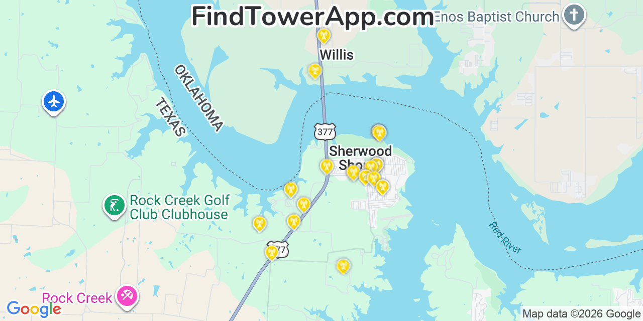 Map showing the 20 primary cell tower locations detected in Sherwood Shores, Texas from AT&T, Verizon, and T-Mobile networks