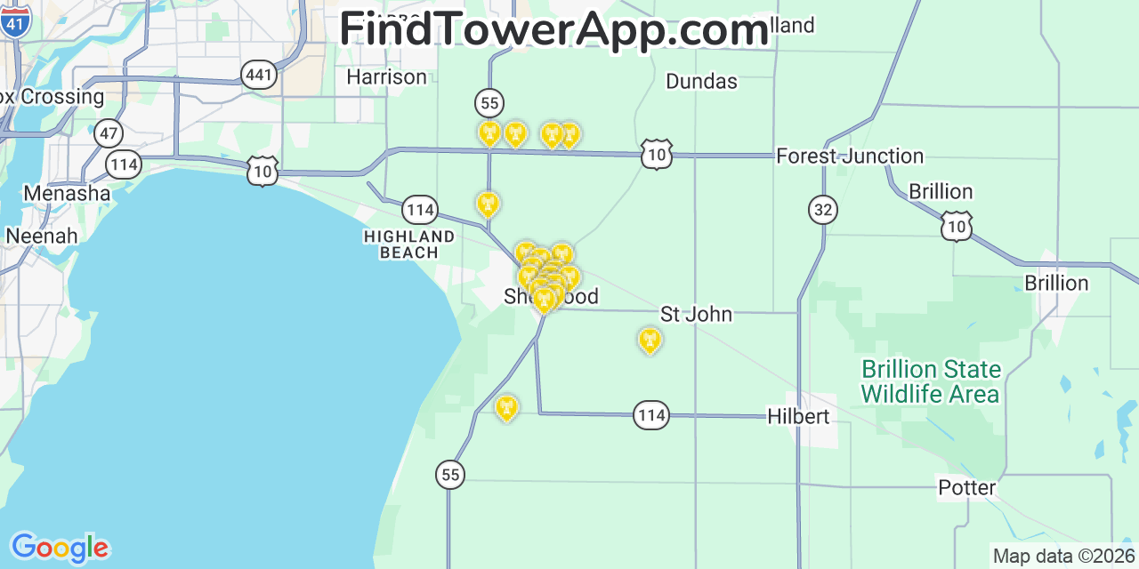Map showing the 20 primary cell tower locations detected in Sherwood, Wisconsin from AT&T, Verizon, and T-Mobile networks