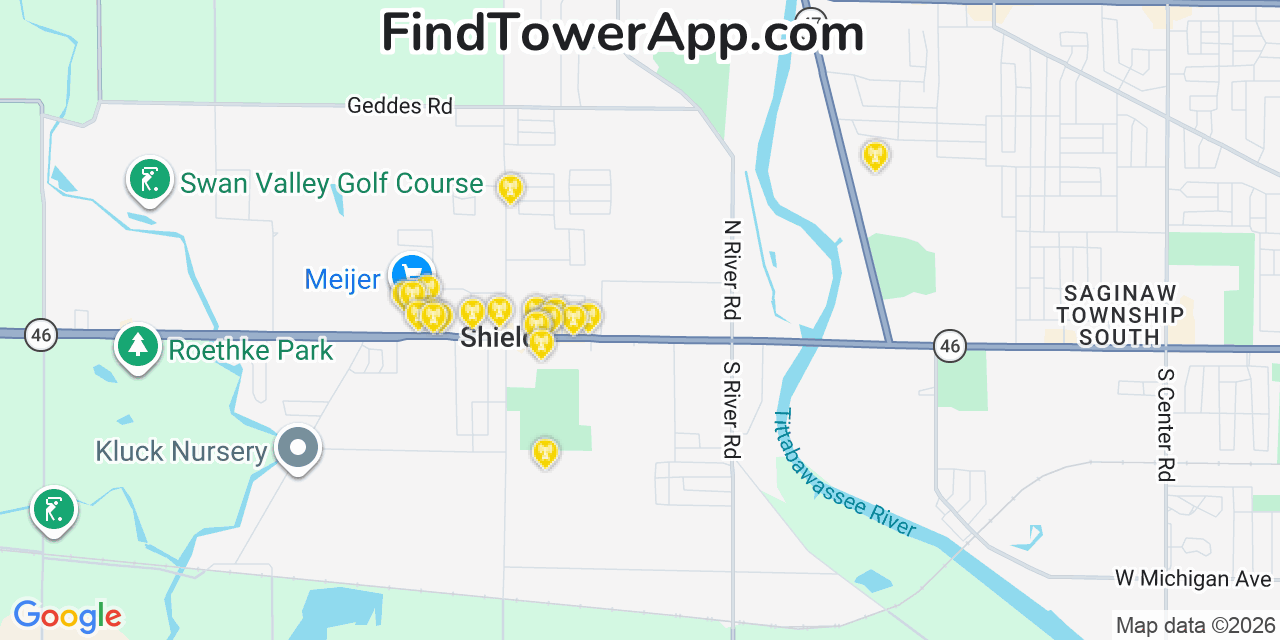Map showing the 20 primary cell tower locations detected in Shields, Michigan from AT&T, Verizon, and T-Mobile networks