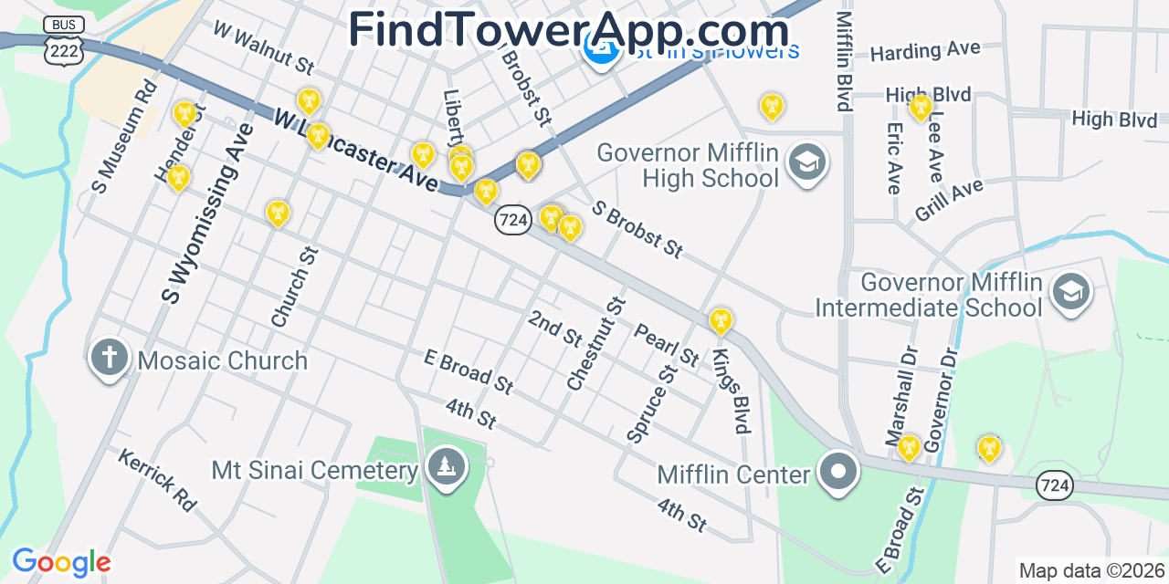 Map showing the 20 primary cell tower locations detected in Shillington, Pennsylvania from AT&T, Verizon, and T-Mobile networks