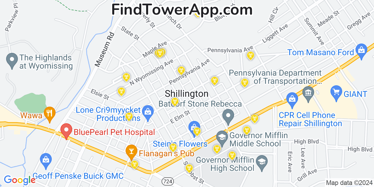 Verizon 4G/5G cell tower coverage map Shillington, Pennsylvania