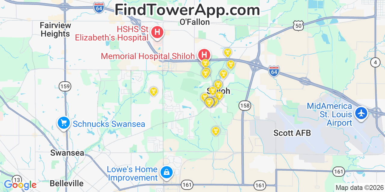 Map showing the 20 primary cell tower locations detected in Shiloh, Illinois from AT&T, Verizon, and T-Mobile networks