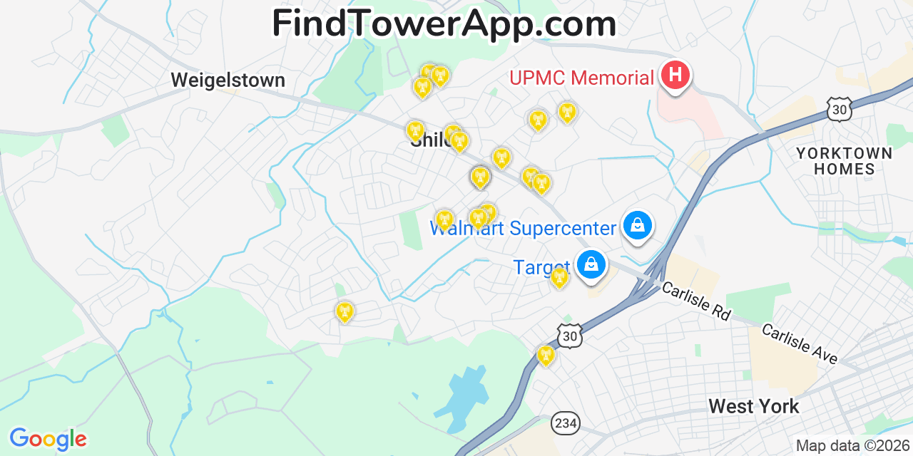 Map showing the 20 primary cell tower locations detected in Shiloh, Pennsylvania from AT&T, Verizon, and T-Mobile networks