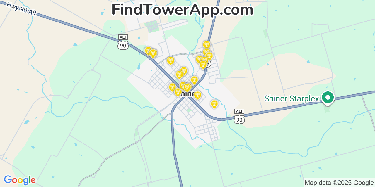 Map showing the 20 primary cell tower locations detected in Shiner, Texas from AT&T, Verizon, and T-Mobile networks