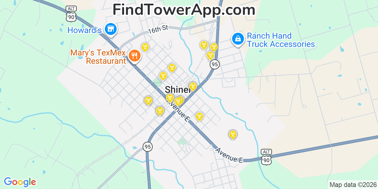 Map showing the 20 primary cell tower locations detected in Shiner, Texas from AT&T, Verizon, and T-Mobile networks