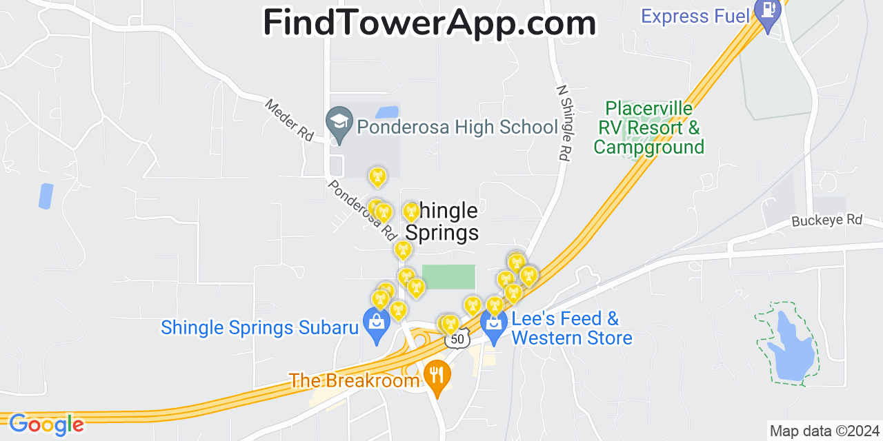 AT&T 4G/5G cell tower coverage map Shingle Springs, California