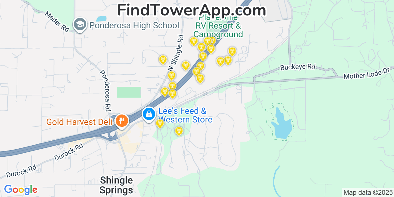 Map showing the 20 primary cell tower locations detected in Shingle Springs, California from AT&T, Verizon, and T-Mobile networks