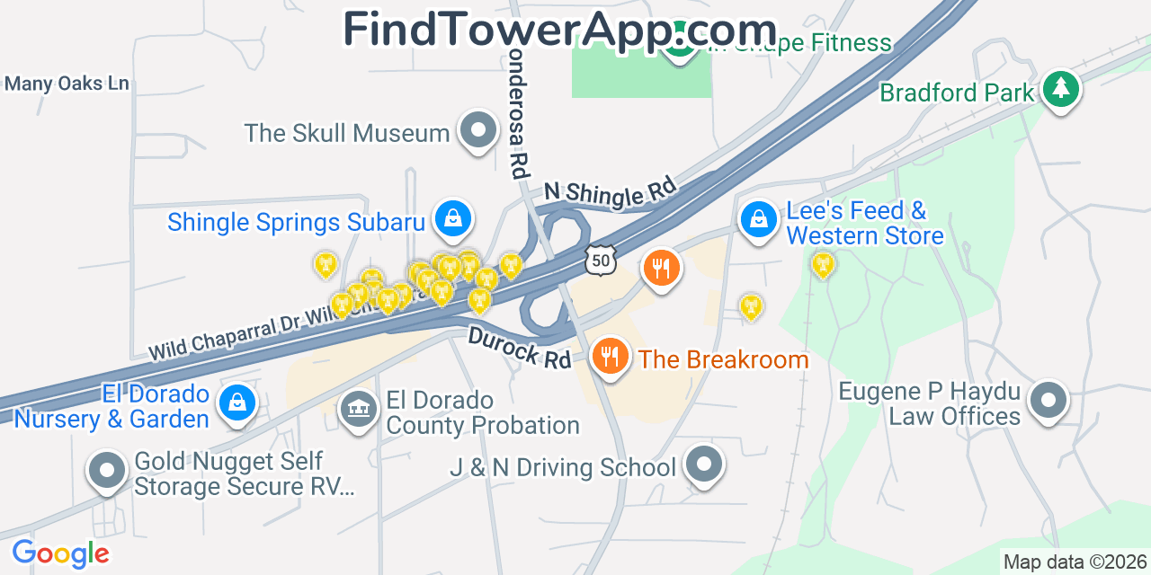Map showing the 20 primary cell tower locations detected in Shingle Springs, California from AT&T, Verizon, and T-Mobile networks