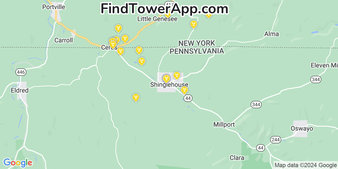 AT&T 4G/5G cell tower coverage map Shinglehouse, Pennsylvania