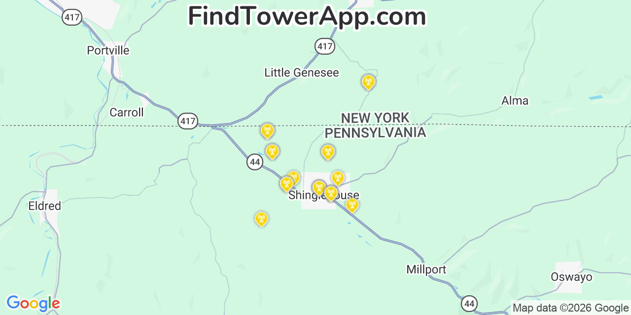 Map showing the 20 primary cell tower locations detected in Shinglehouse, Pennsylvania from AT&T, Verizon, and T-Mobile networks