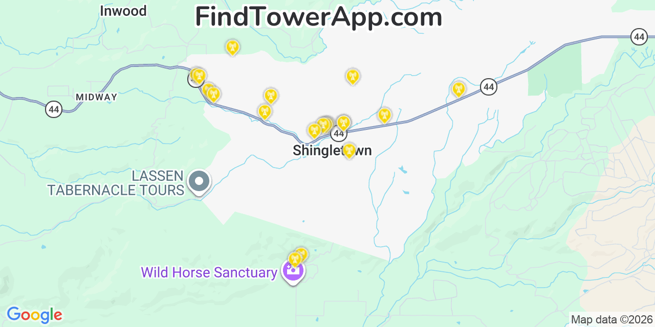 Map showing the 20 primary cell tower locations detected in Shingletown, California from AT&T, Verizon, and T-Mobile networks