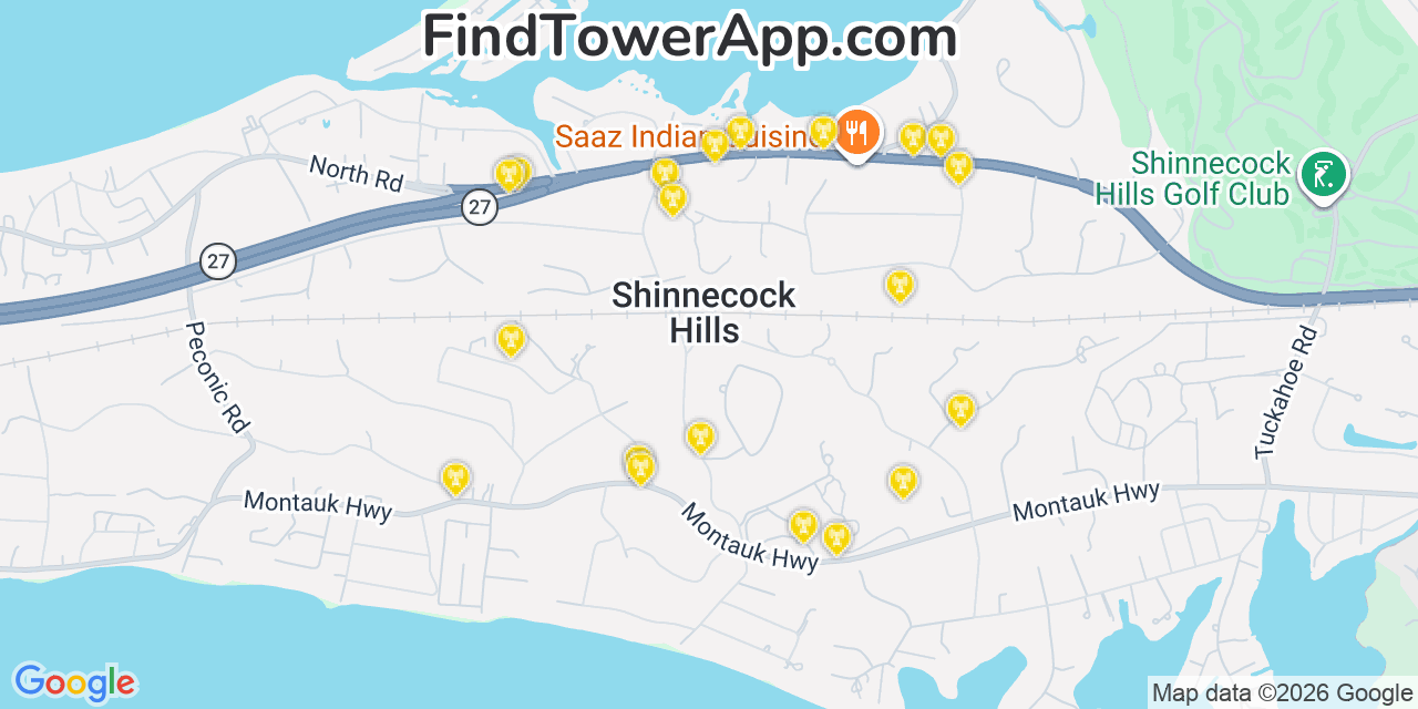 Map showing the 20 primary cell tower locations detected in Shinnecock Hills, New York from AT&T, Verizon, and T-Mobile networks