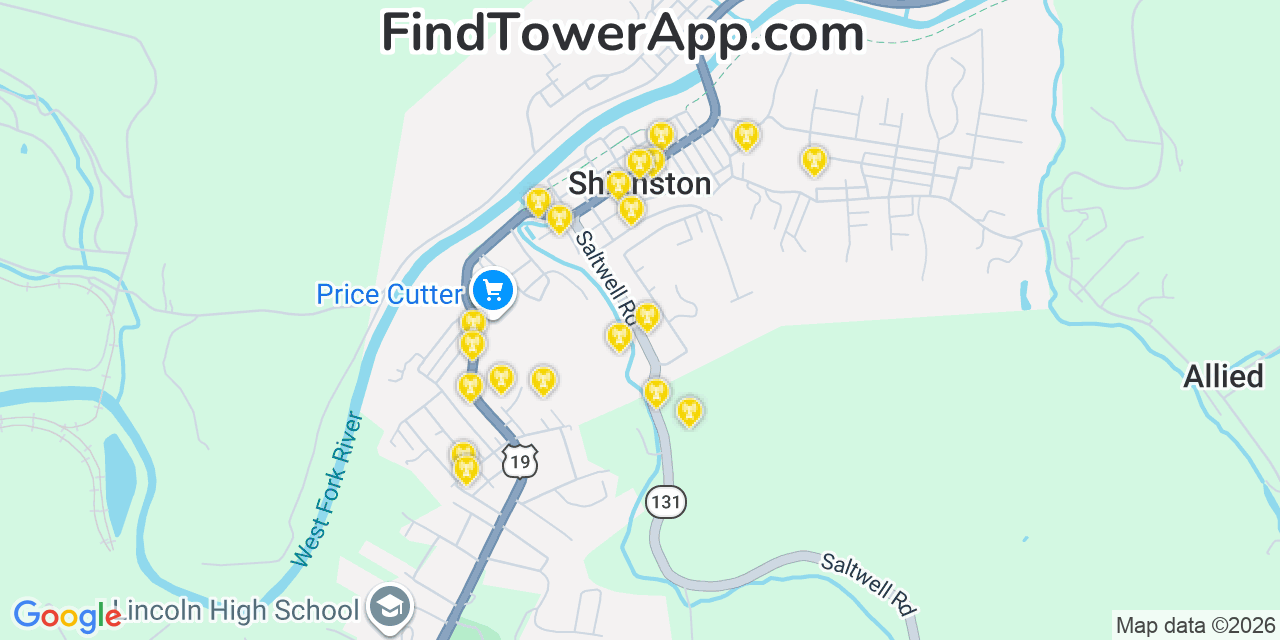 Map showing the 20 primary cell tower locations detected in Shinnston, West Virginia from AT&T, Verizon, and T-Mobile networks
