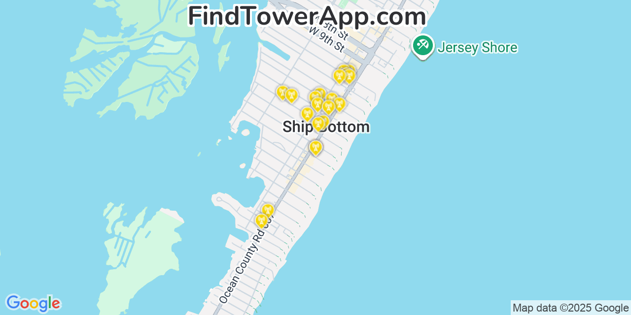 Map showing the 20 primary cell tower locations detected in Ship Bottom, New Jersey from AT&T, Verizon, and T-Mobile networks