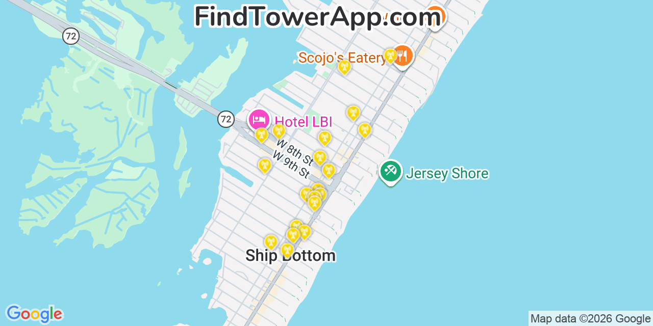 Map showing the 20 primary cell tower locations detected in Ship Bottom, New Jersey from AT&T, Verizon, and T-Mobile networks