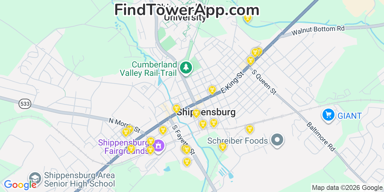 Map showing the 20 primary cell tower locations detected in Shippensburg, Pennsylvania from AT&T, Verizon, and T-Mobile networks