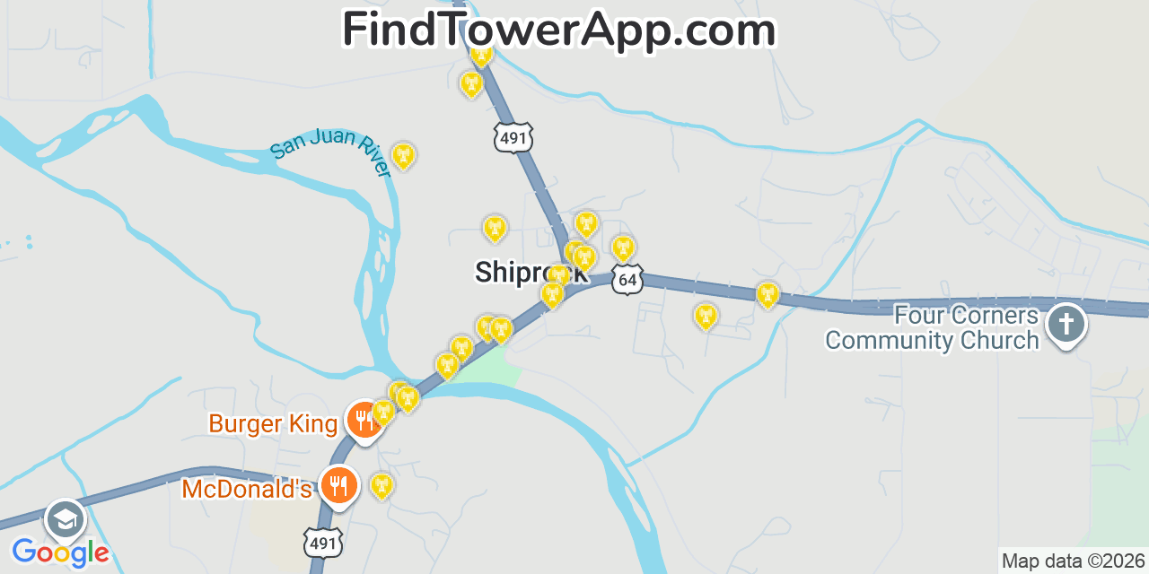 Map showing the 20 primary cell tower locations detected in Shiprock, New Mexico from AT&T, Verizon, and T-Mobile networks