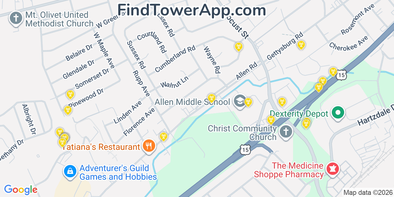 Map showing the 20 primary cell tower locations detected in Shiremanstown, Pennsylvania from AT&T, Verizon, and T-Mobile networks