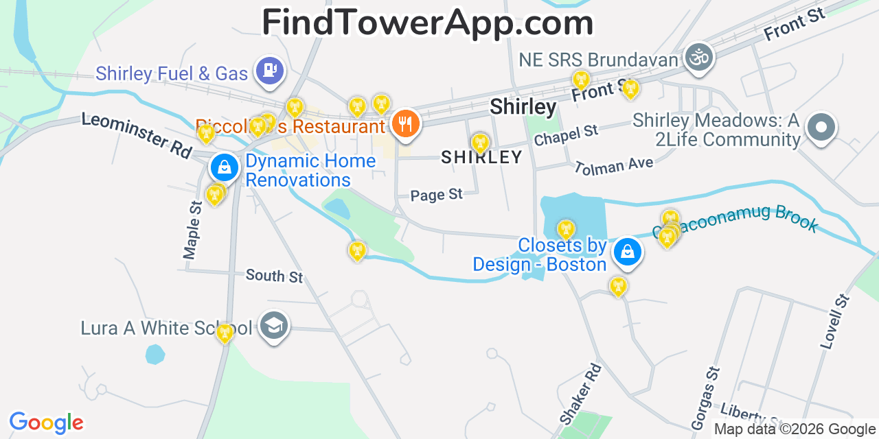 Map showing the 20 primary cell tower locations detected in Shirley, Massachusetts from AT&T, Verizon, and T-Mobile networks