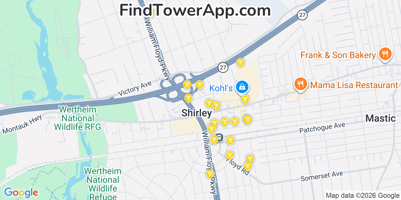 Map showing the 20 primary cell tower locations detected in Shirley, New York from AT&T, Verizon, and T-Mobile networks