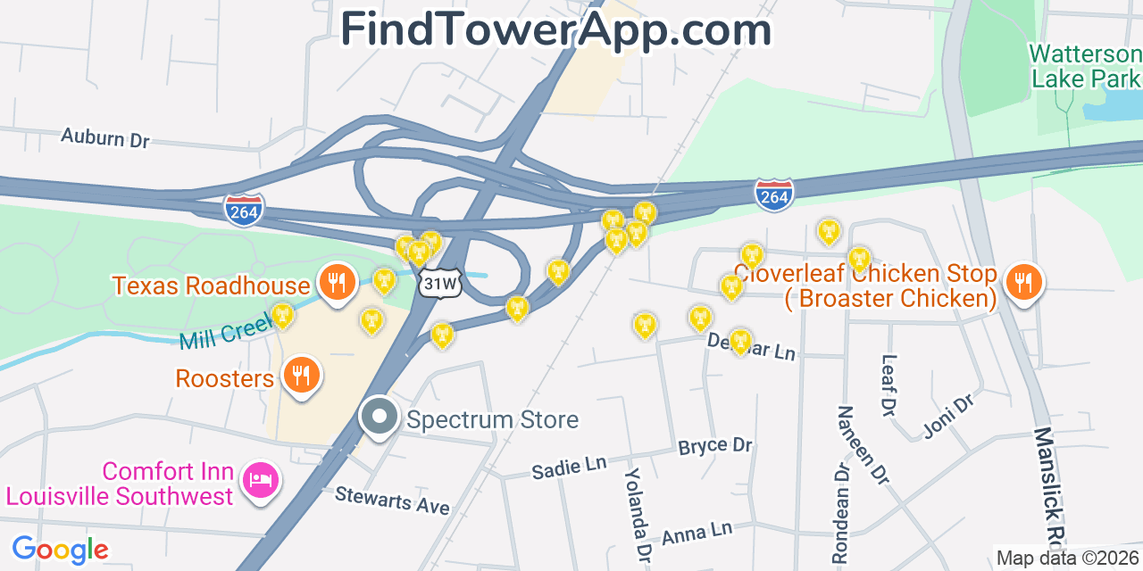 Map showing the 20 primary cell tower locations detected in Shively, Kentucky from AT&T, Verizon, and T-Mobile networks