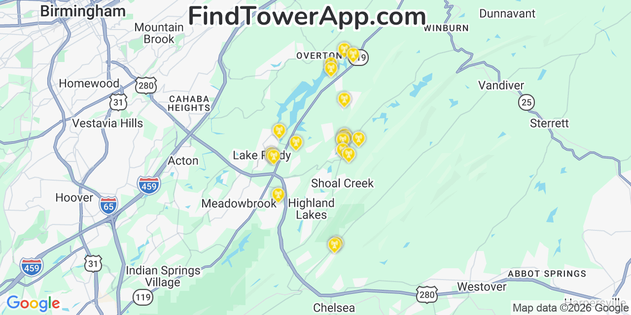 Map showing the 20 primary cell tower locations detected in Shoal Creek, Alabama from AT&T, Verizon, and T-Mobile networks