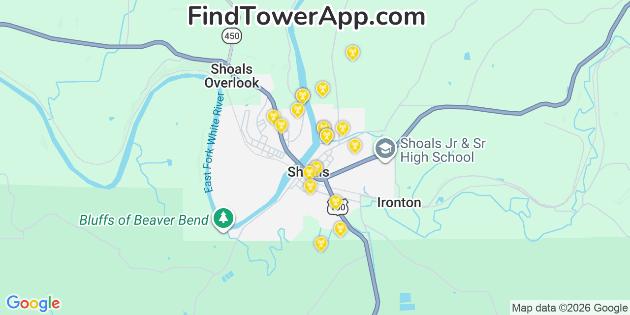 Map showing the 20 primary cell tower locations detected in Shoals, Indiana from AT&T, Verizon, and T-Mobile networks