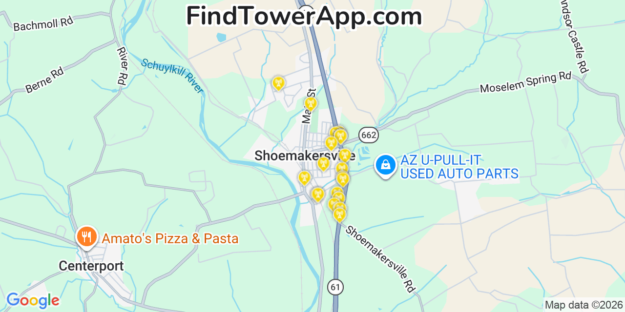 Map showing the 20 primary cell tower locations detected in Shoemakersville, Pennsylvania from AT&T, Verizon, and T-Mobile networks